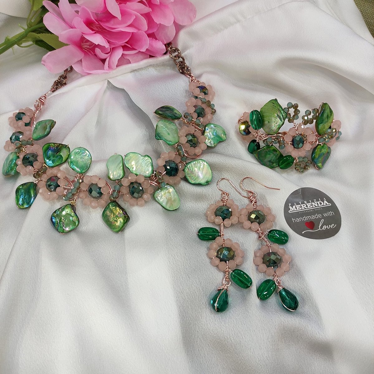 Parure rosa cipria e verde